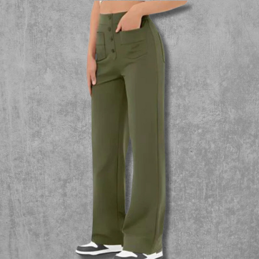 Pantalon Extensible Boutonné Taille Haute pour Femme