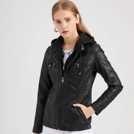 Veste Similicuir pour Femme Trendy avec Capuche Amovible