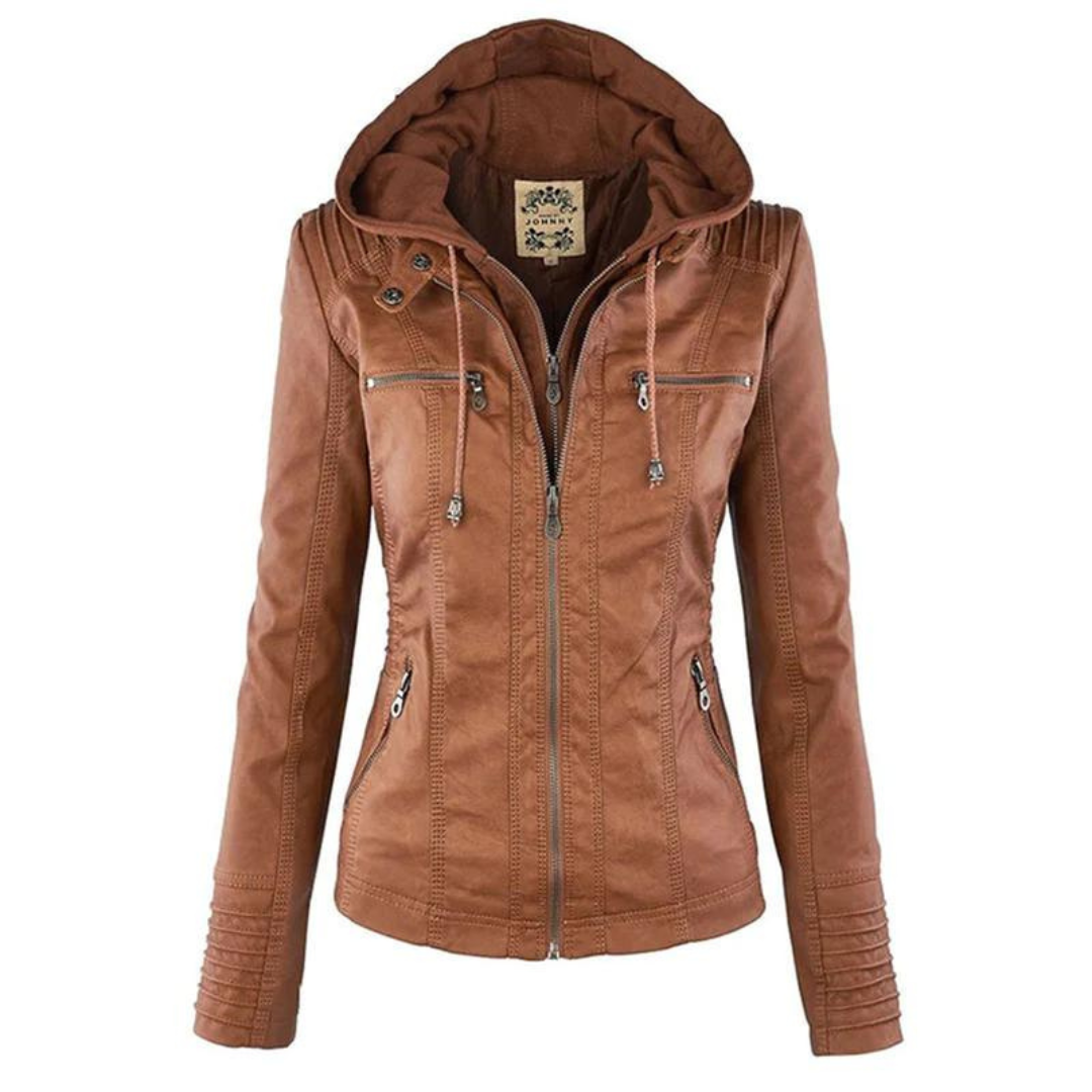 Veste Similicuir pour Femme Trendy avec Capuche Amovible